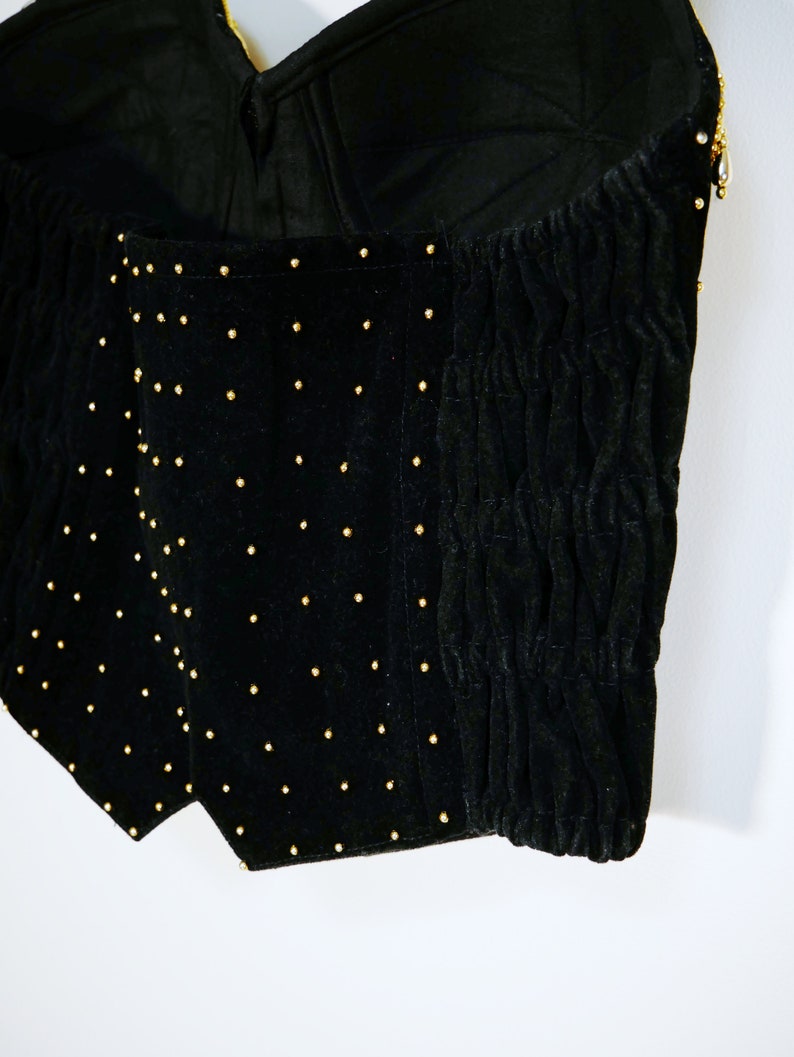 Black Velvet Gold Studded Fringe Halter Bustier