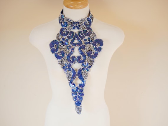 Blue Beaded Sequin Applique Statement Choker Coll… - image 1
