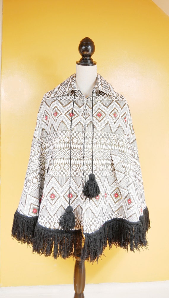 Fringed Gold Lurex Geometric Woven Cape