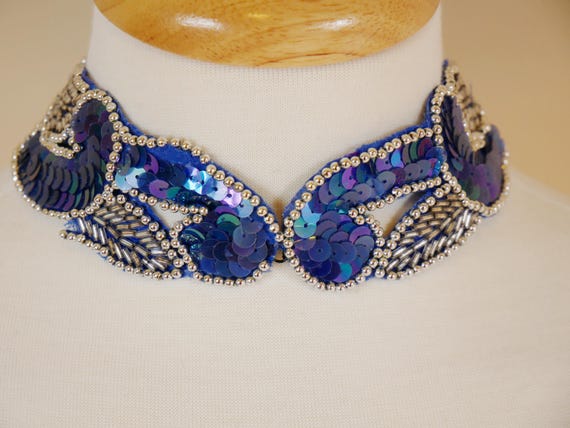 Blue Beaded Sequin Applique Statement Choker Coll… - image 5