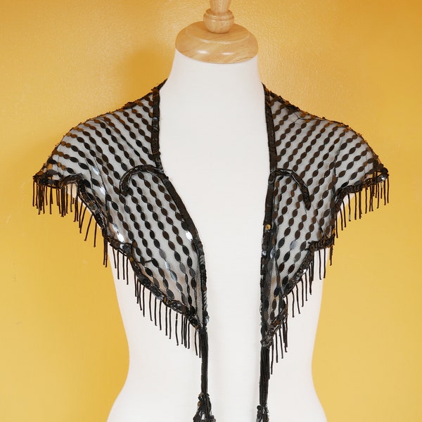 Black Mesh Sequin Fringe Cape