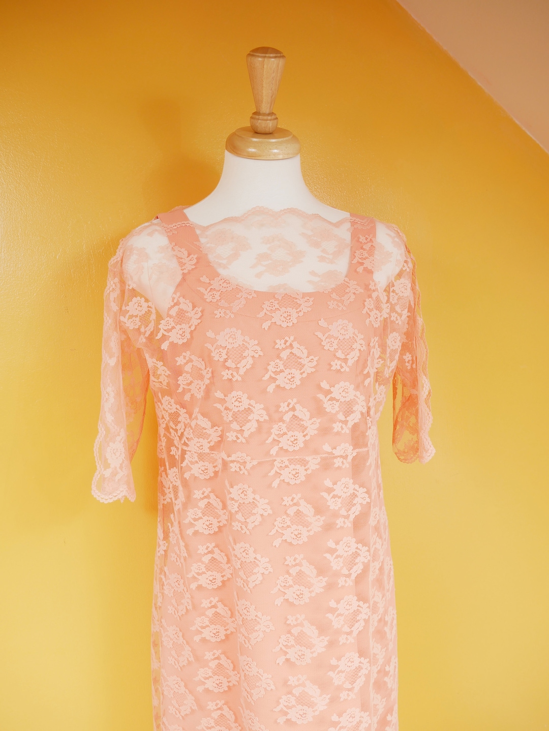 peach lace shift dress Peach Floral Lace Mod Shift Dress