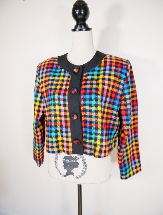 Boxy Rainbow Plaid Cropped Wool Blazer