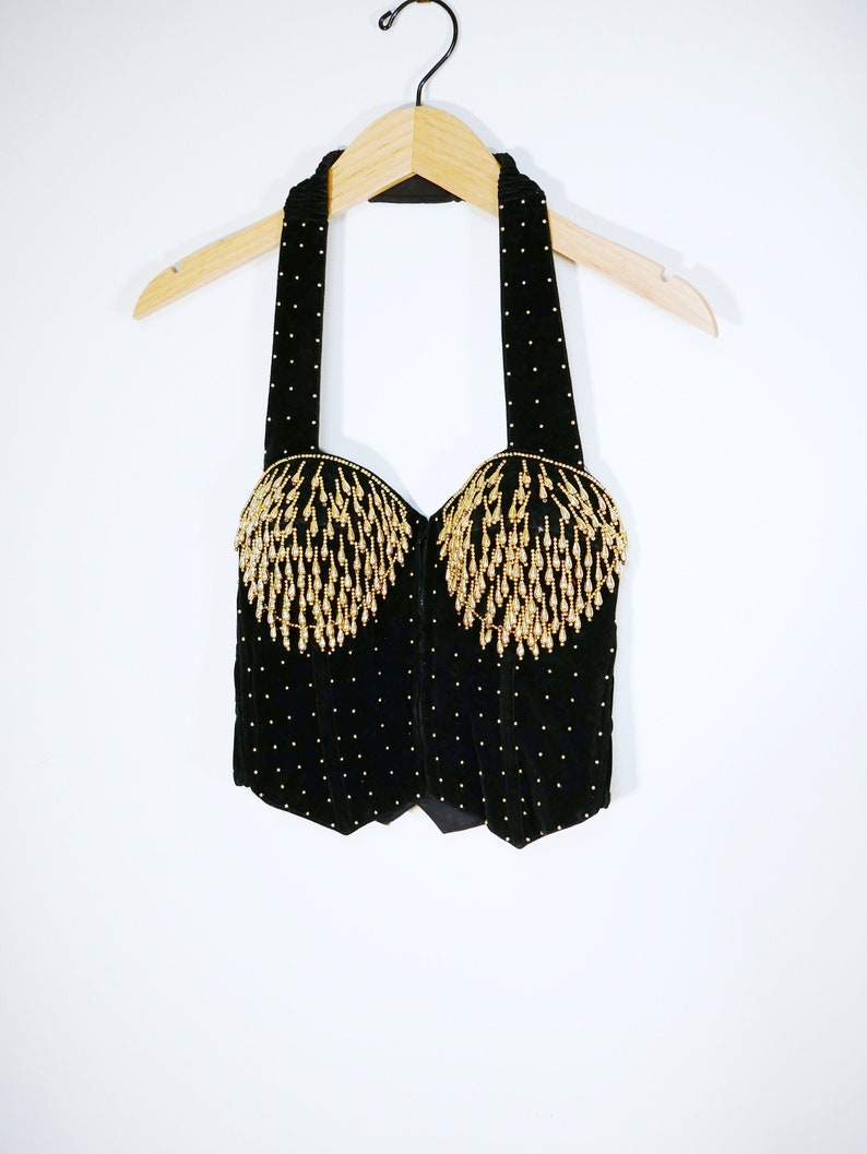 Black Velvet Gold Studded Fringe Halter Bustier