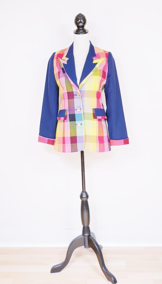 Women's Navy Rainbow Wool Plaid Blazer