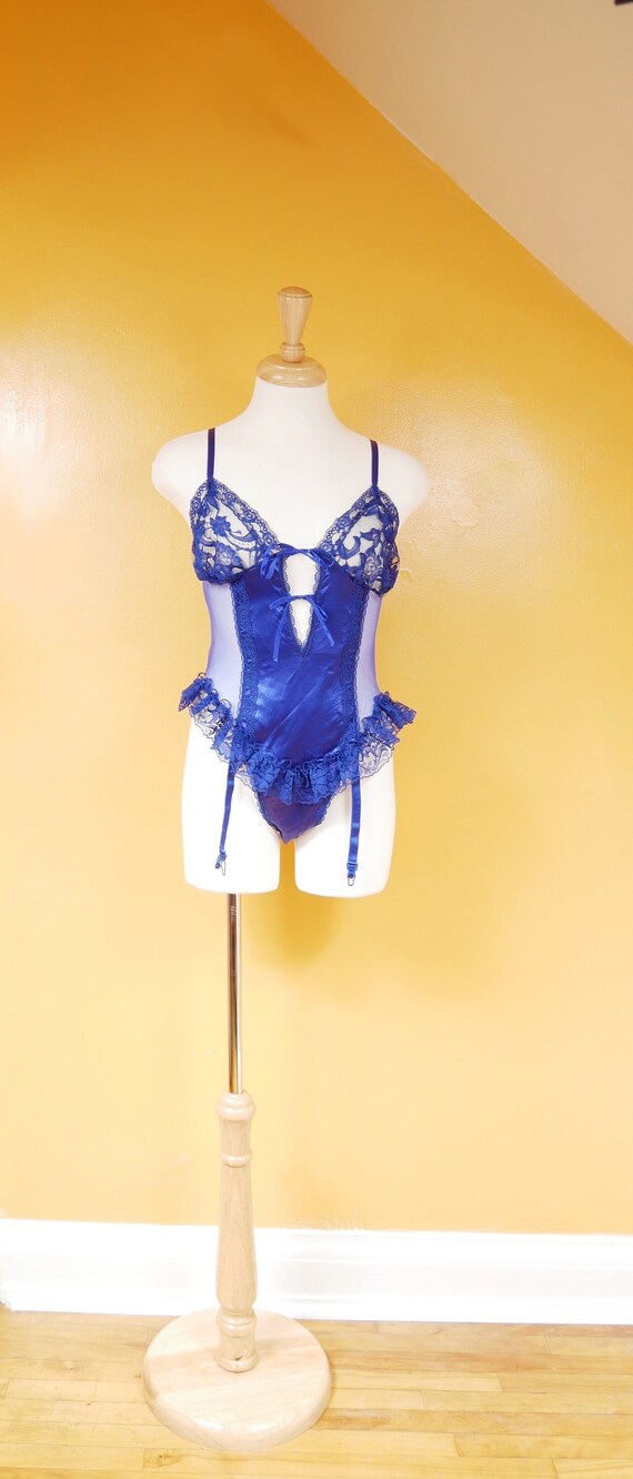 Sheer Cobalt Blue Lacey Teddy Body Suit