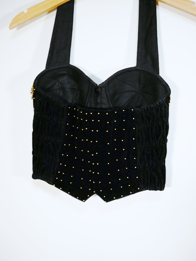 Black Velvet Gold Studded Fringe Halter Bustier
