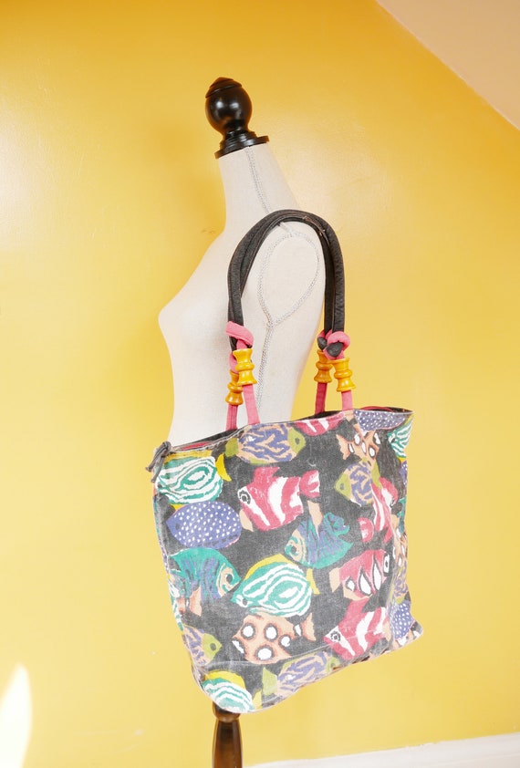 Tropical Fish Print Black Canvas Tote Bag Purse