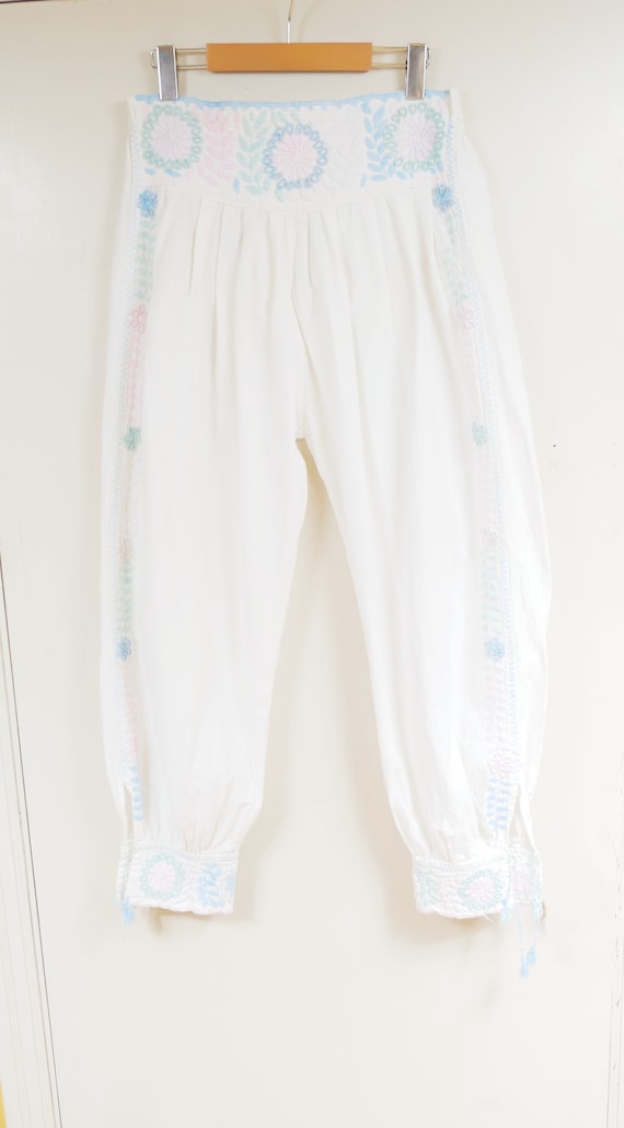 Pastel Floral Embroidered White Cotton Harem Capri