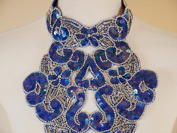 Blue Beaded Sequin Applique Statement Choker Coll… - image 4