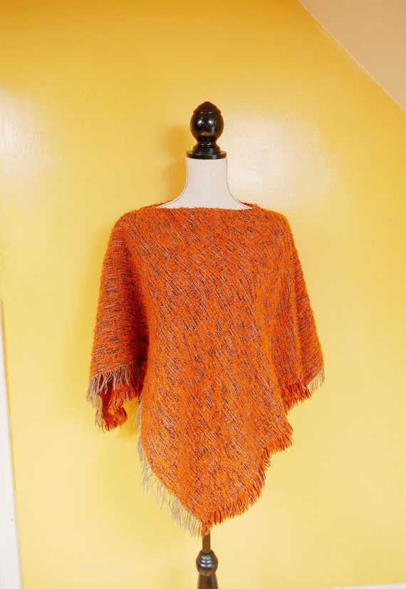 Orange Rainbow Fringed Wool Cape Poncho