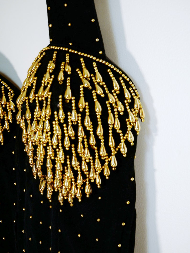 Black Velvet Gold Studded Fringe Halter Bustier