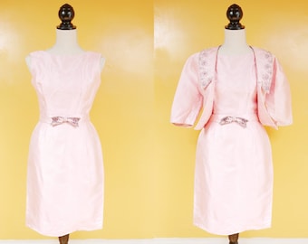 1960s Pastel Pink Silk Crystal Beaded Cocktail Dress and Jacket Set
