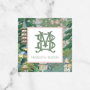 Personalized Pink and Green Chinoiserie Pagoda Monogram Enclosure Card