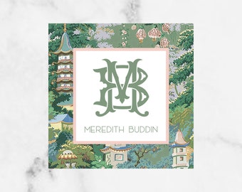 Personalized Pink and Green Chinoiserie Pagoda Monogram Enclosure Card