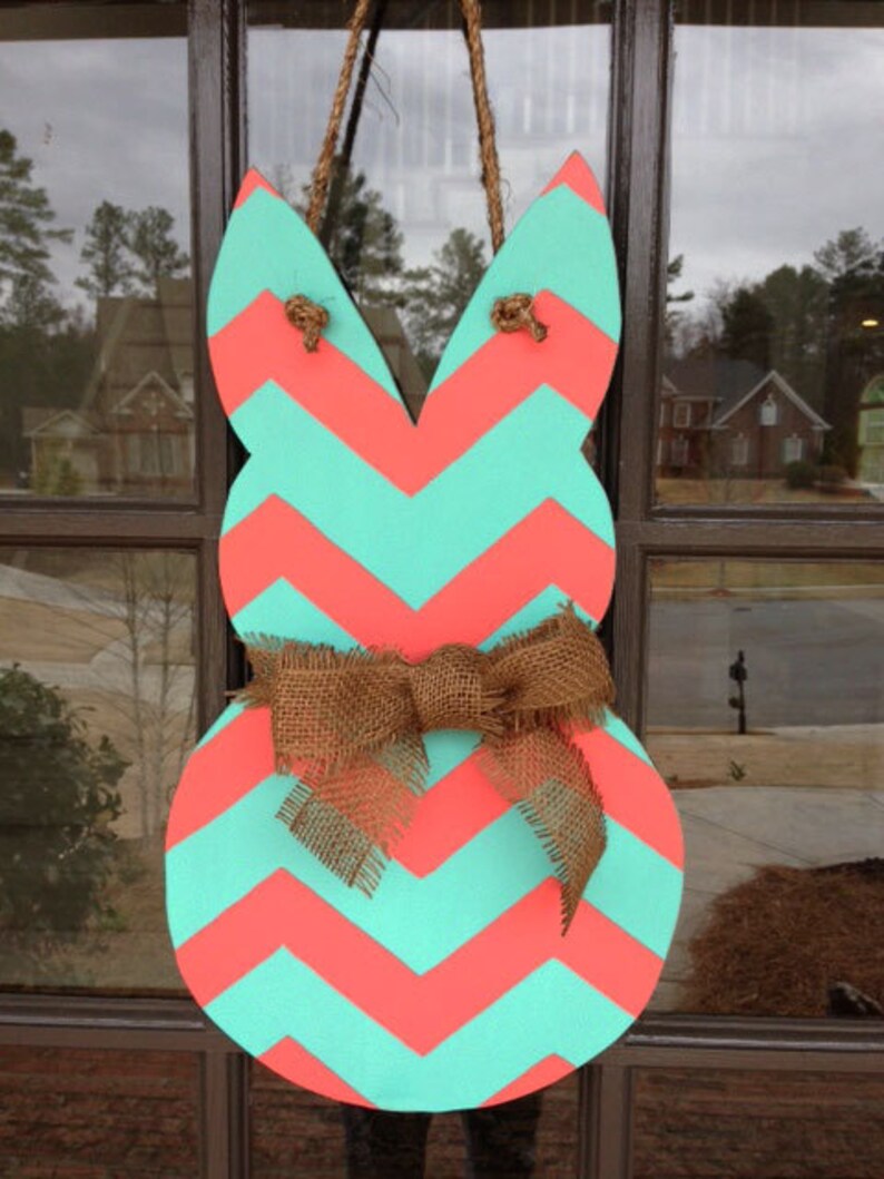 Easter Bunny Coral & Aqua Chevron Door Hanger Etsy
