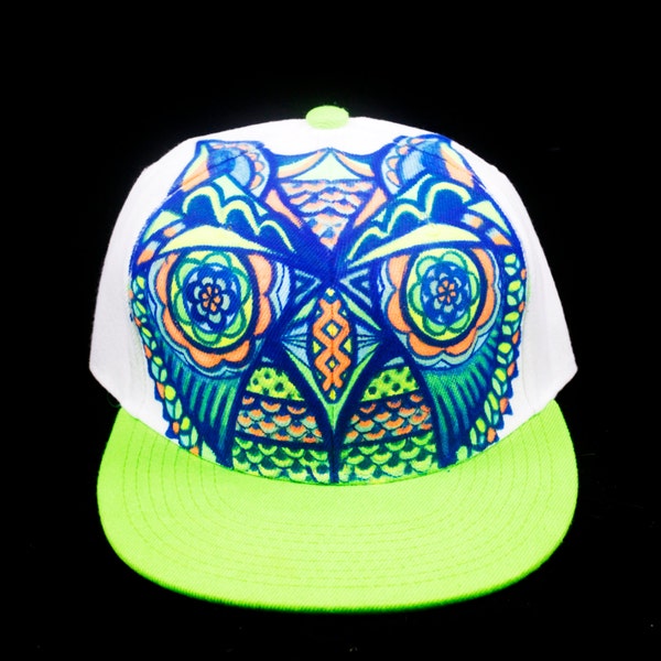 Hand Painted Multi-Color Psychedelic Owl Snap-Back Hat, Hand Painted Hat, Owl Accessories, Manik Apparel