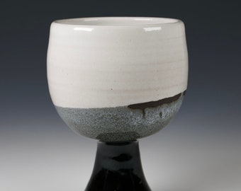 Handmade Ceramic Chalice, 13 oz. Wine Cup, Goblet, Wheel Thrown Pottery, Black and White Glaze