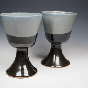 Handmade Ceramic Goblets, Matching Pair, 12 oz. Stemmed Cups, Wheel Thrown Pottery, Black and Blue Glaze