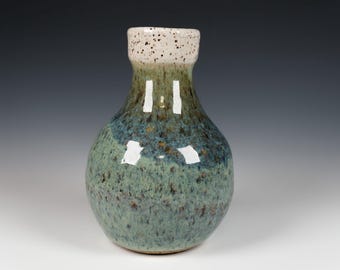 Small Ceramic Bottle Vase, Green and White Glaze, Wheel Thrown Pottery