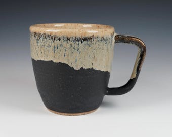 Handmade Coffee Mug, 12 oz. Wheel Thrown Pottery with Matte Black and Oatmeal Glaze
