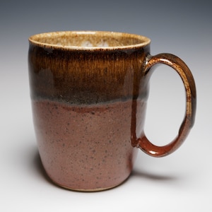 Handmade Mug, 15 oz. Wheel Thrown Pottery Mug with Handle, Red and Brown Glaze