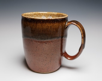 Handmade Mug, 15 oz. Wheel Thrown Pottery Mug with Handle, Red and Brown Glaze