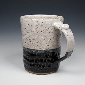 Handmade Mug with Carved Design, Ceramic, 16 oz., Wheel Thrown Pottery, White and Black Glaze