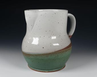 Handmade Ceramic 37 oz. Pitcher, Green and White with Exposed Clay Detail