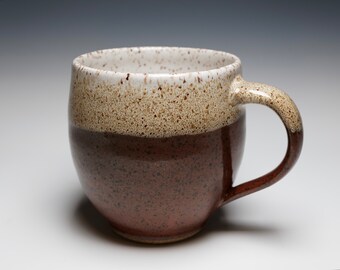 Handmade Mug, 14 oz. Wheel Thrown Pottery Mug with Handle, Red Glaze over Speckled Clay