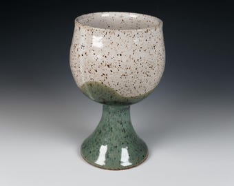 Handmade Ceramic Goblet, 11 oz., Green and White Glaze, Wheel Thrown Pottery