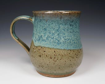 Green Ceramic Mug with Thumb Rest, 18 oz., Handmade Wheel Thrown Pottery