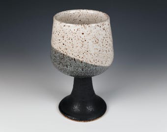 Handmade Ceramic Goblet, 11 oz., Matte Black and White Glaze, Wheel Thrown Pottery