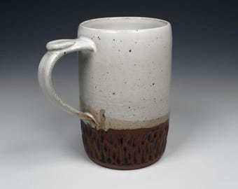 Handmade Ceramic Mug: 16 oz Wheel Thrown Pottery with Carved Design