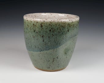 Handmade Ceramic Thumb Cup: Green & White Stoneware Mug