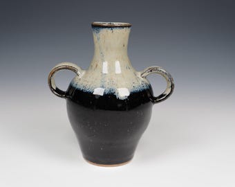 Handmade Ceramic Vase: Green & Black Glaze, Double Handle Pottery