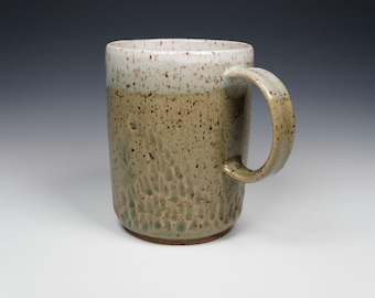 Handmade Ceramic Mug, Carved Design, 16 oz., Wheel Thrown Pottery, White and Green Glazes