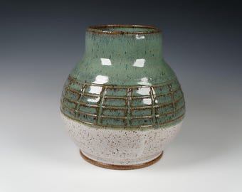 Handmade Ceramic Vase: Wheel Thrown Pottery with White and Green Glaze and Carved Detail
