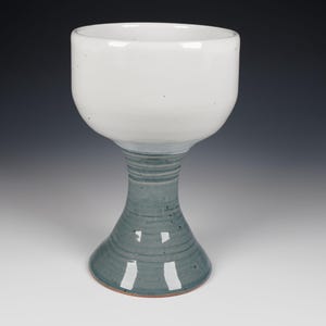 Handmade Ceramic Chalice, 16 oz. Stemmed Cup, Wheel Thrown Pottery, White and Blue Glaze