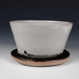 May include: A white ceramic planter with a black rim and a matching saucer. The planter has a speckled glaze and a slightly flared lip.