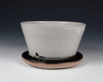 Handmade Ceramic Flower Pot: Rustic White and Black Glaze, Wheel Thrown Pottery