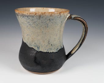 Handmade Coffee Mug, 10 oz. Wheel Thrown Pottery with Matte Black and Oatmeal Glaze
