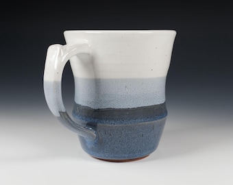 Large Blue and White Ceramic Mug, 18 oz. Wheel Thrown Pottery, Thumb Rest Handle