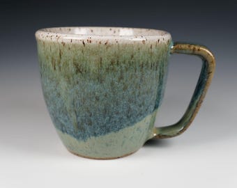 Handmade Coffee Mug, 10 oz. Wheel Thrown Pottery with Green and White Glazes