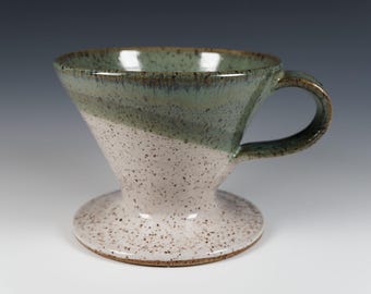 Cone Filter Coffee Pour Over, Handmade Ceramic Dripper, Green and White Glaze