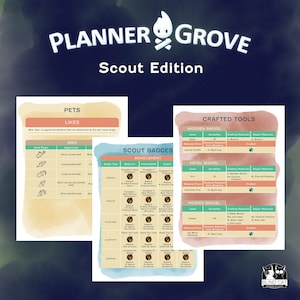 May include: A colourful chart titled "Planner Grove Scout Edition" providing information on pets, scout badges, and crafted tools. The chart includes illustrations of birds, shovels, and a cat.