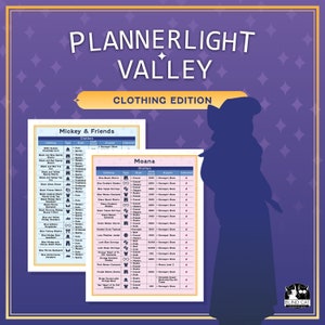 Puede incluir: Una lista de verificación imprimible para el videojuego PlannerLight Valley: Edición de Ropa. La lista de verificación incluye una lista de prendas de vestir para los personajes Mickey y sus amigos y Moana, con columnas para el tipo, el estilo, el costo, dónde adquirir el artículo y si se ha recogido.