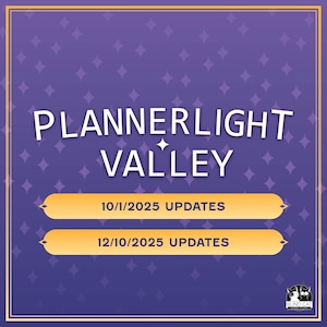 Puede incluir: Gráfico digital con el texto "PLANNERLIGHT VALLEY" en blanco sobre un fondo morado con formas de diamante. Dos banners dorados muestran las fechas: "10/1/2025 UPDATES" y "12/10/2025 UPDATES".
