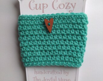 Coffee Cup Cozy- seafoam green with heart - soft, hand-crocheted, reusable sleeve for hot/cold drink