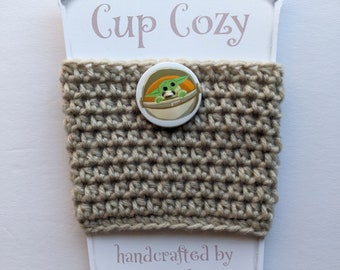 Coffee Cup Cozy - oatmeal with Mandalorian Baby Yoda- soft, hand-crocheted, reusable sleeve for hot/cold beverages